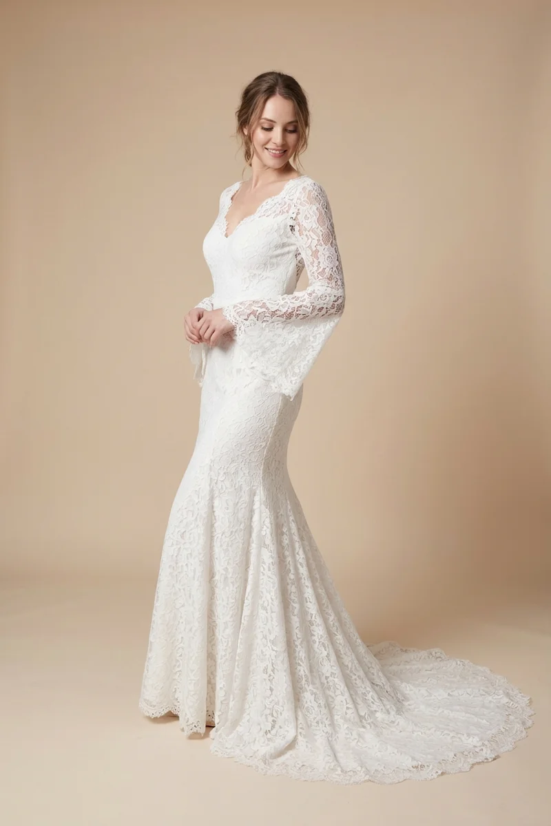 Arabella Bell Sleeve Lace Wedding Dress with Open Back - 1