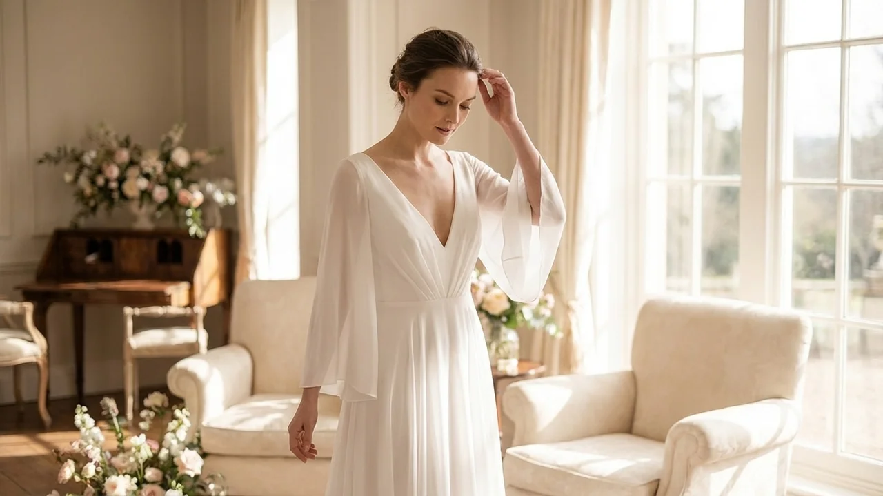 Celeste Bell Sleeve Chiffon Wedding Dress - 5