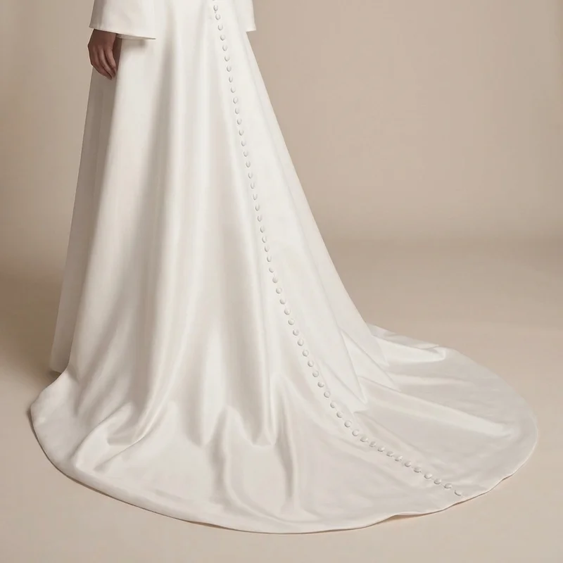 Wren Bell Sleeve Satin Wedding Dress with Button Back - 4