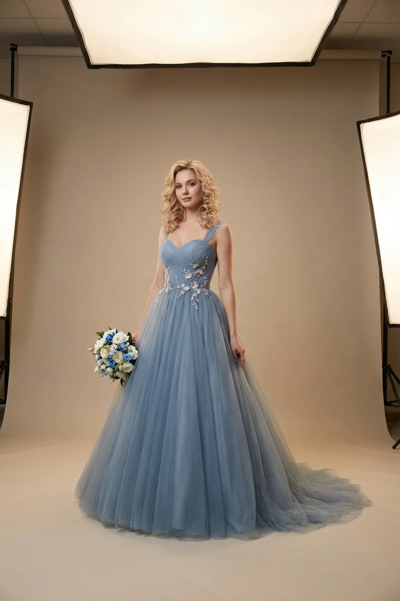 Starlight Blue Tulle Ball Gown Wedding Dress - 1