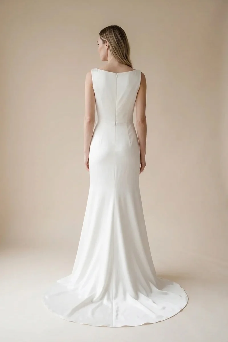 Genevieve Satin Boat Neck Column Wedding Dress - 2