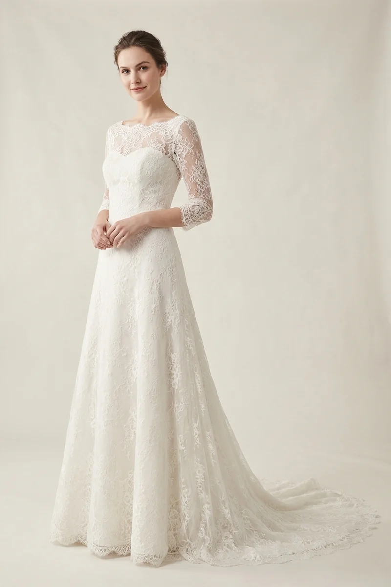 Colette Lace Boat Neck A-Line Wedding Dress - 1