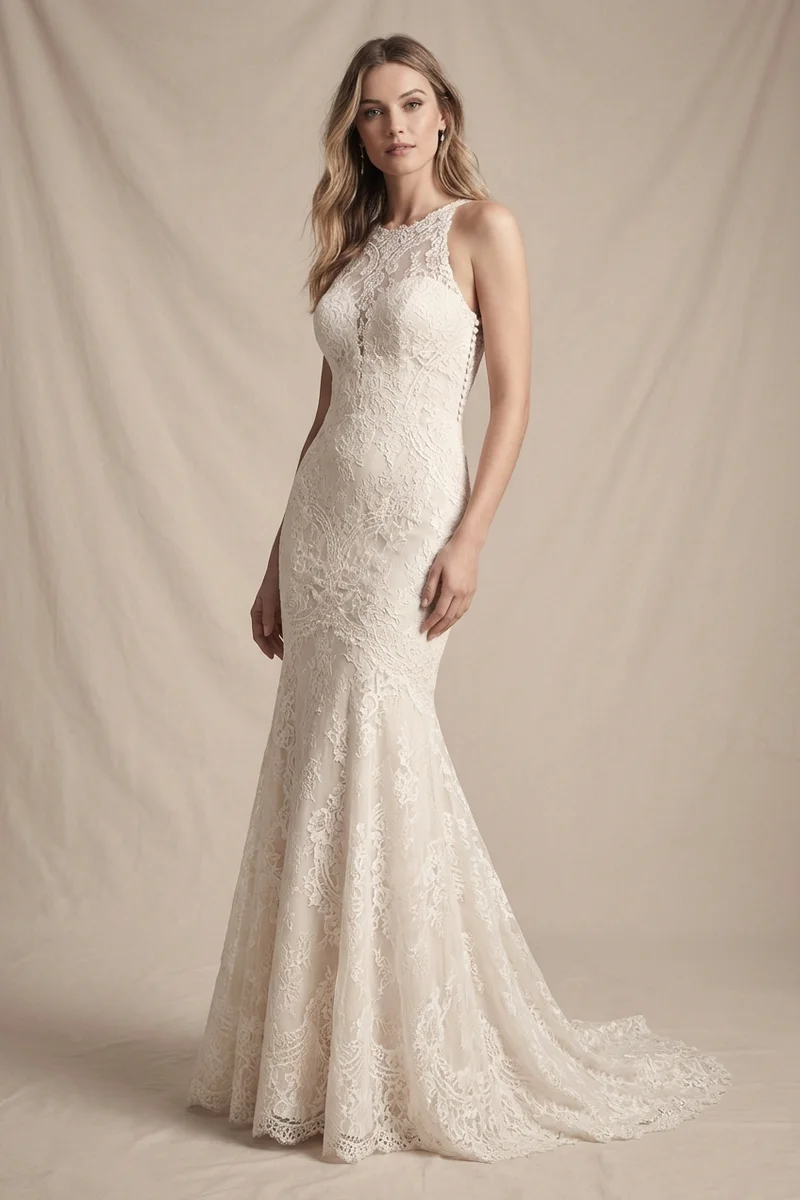 Lace Fitted Button Back Wedding Dress - 1