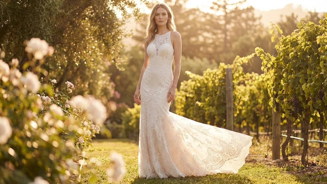 Lace Fitted Button Back Wedding Dress - 6