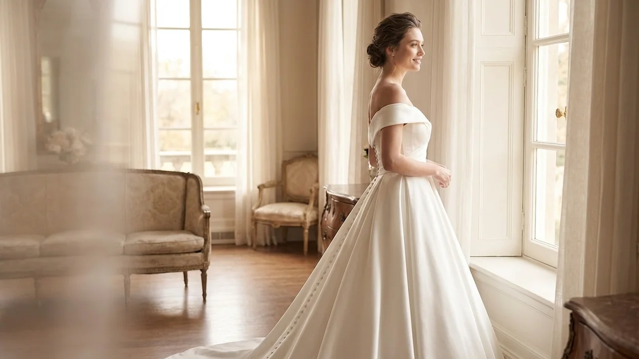 Satin Ball Gown with Button Back Detail - 5