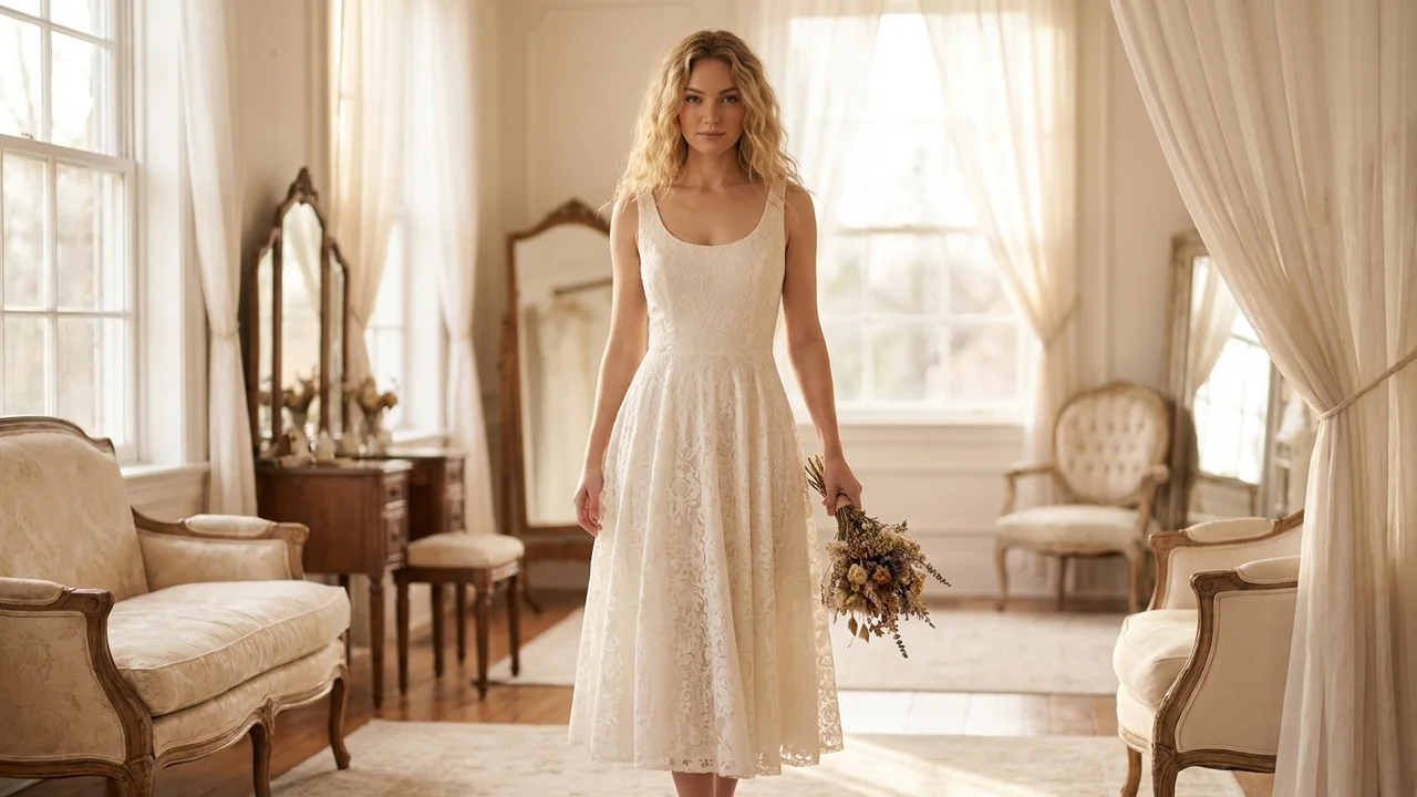 Cotton Lace Midi Casual Wedding Dress - 5