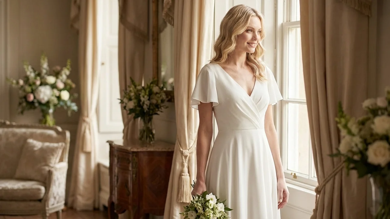 Flowy Crepe Wrap Casual Wedding Dress - 5