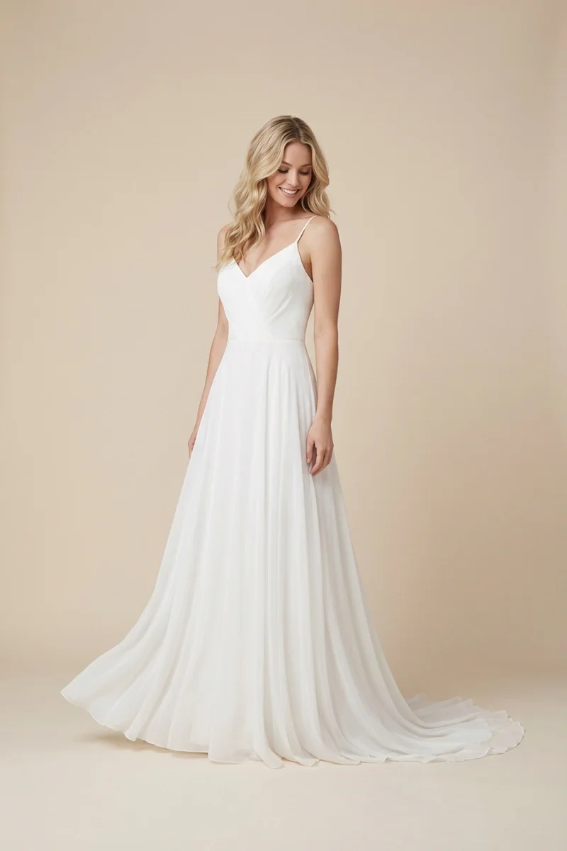 Flowy Chiffon Beach Wedding Dress with Spaghetti Straps - 1