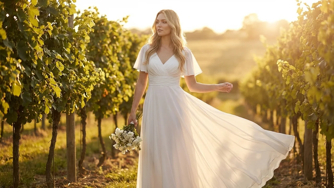 Flutter Sleeve Chiffon Wedding Dress with Ruched Bodice - 6