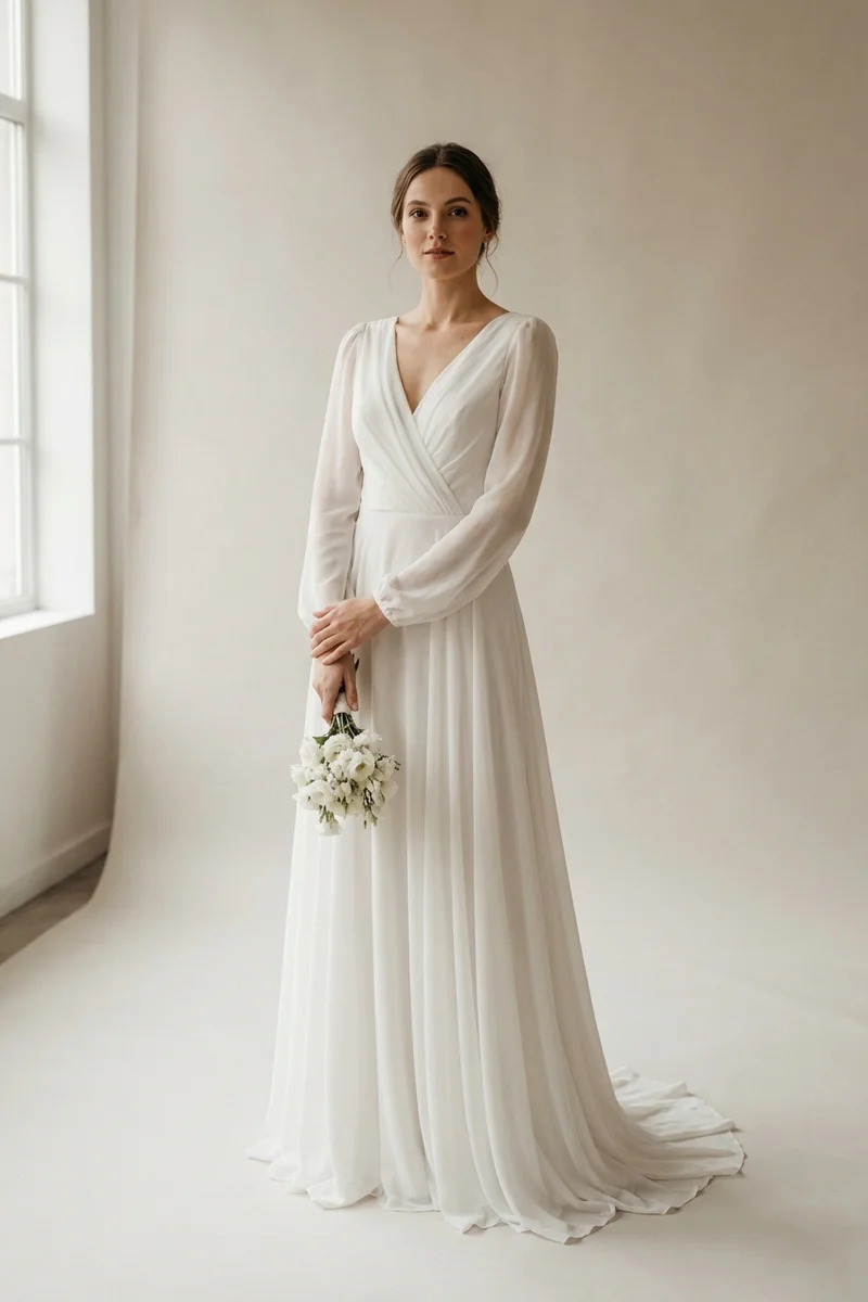 Chiffon Wrap Courthouse Wedding Dress - 1