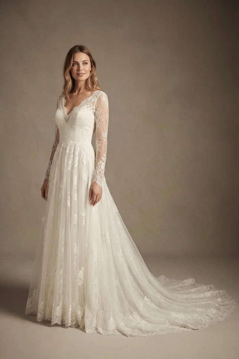 Cathedral Train Lace Wedding Dress with Long Sleeves - 1