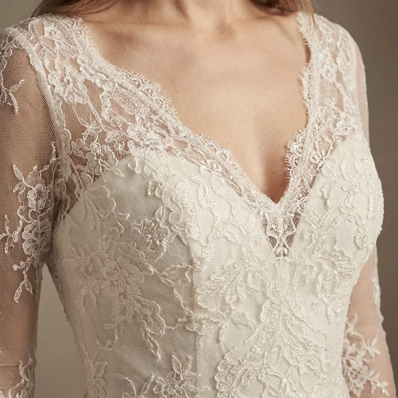 Cathedral Train Lace Wedding Dress with Long Sleeves - 3