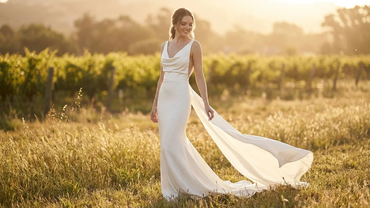 Satin Wedding Dress with Chapel Train and Open Back - 6