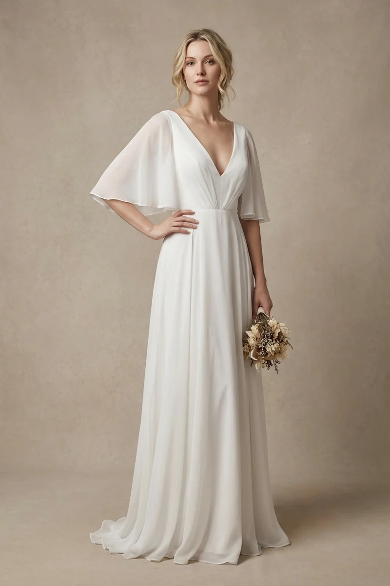 Chiffon Cape Sleeve Elopement Dress - 1