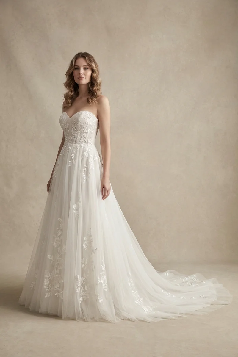 Embroidered Floral Tulle Wedding Gown - 1