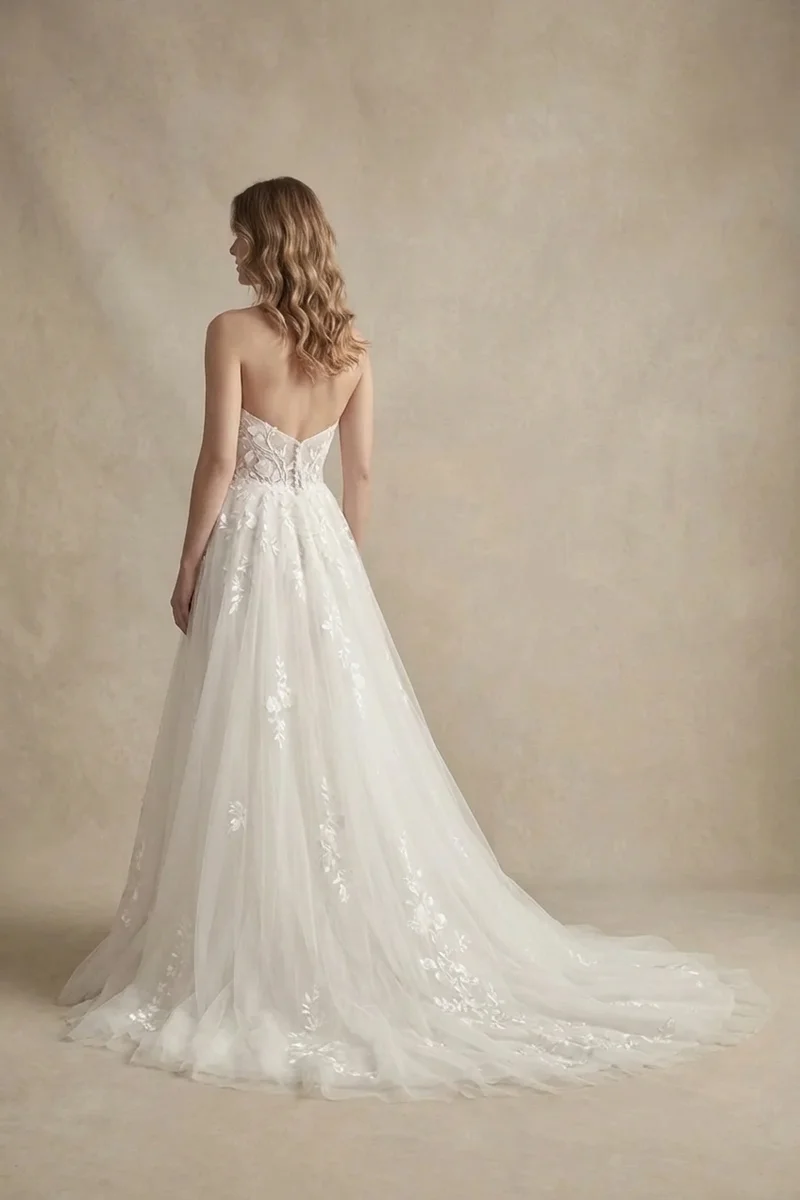 Embroidered Floral Tulle Wedding Gown - 2