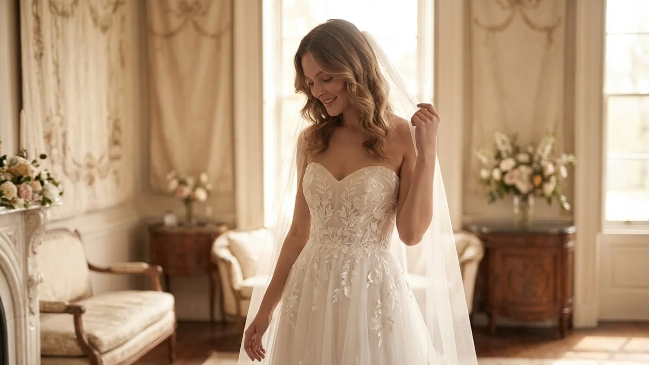 Embroidered Floral Tulle Wedding Gown - 5