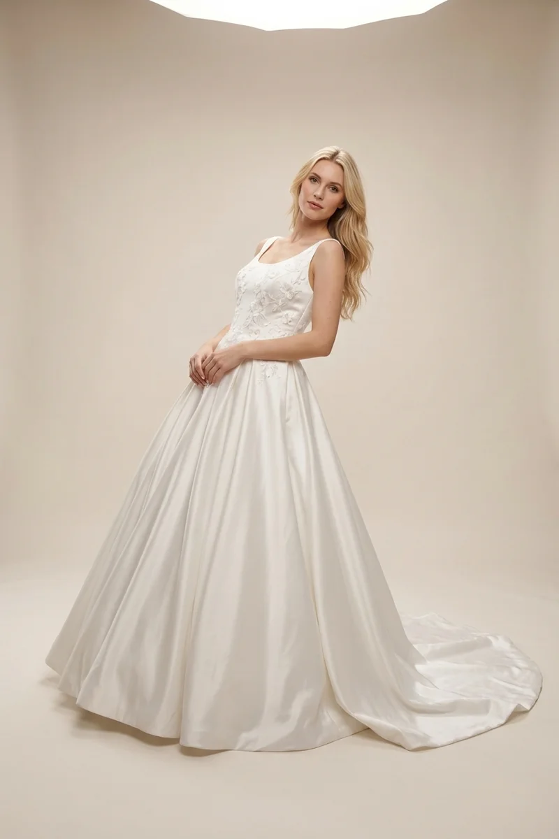Embroidered Satin Ball Gown Wedding Dress - 1