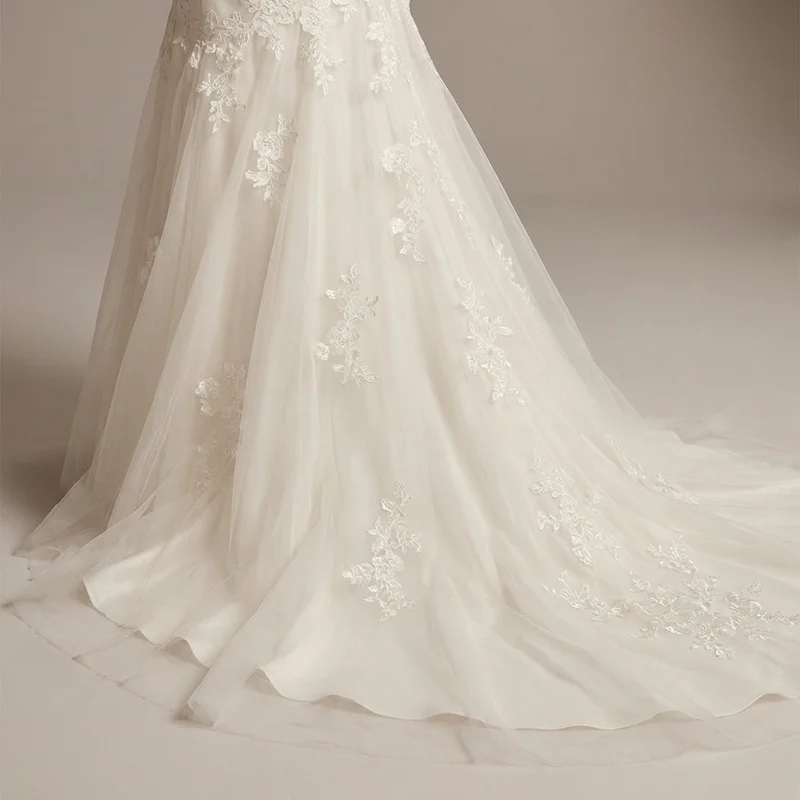 Romantic Applique Fit and Flare Wedding Dress with Sleeves - 4