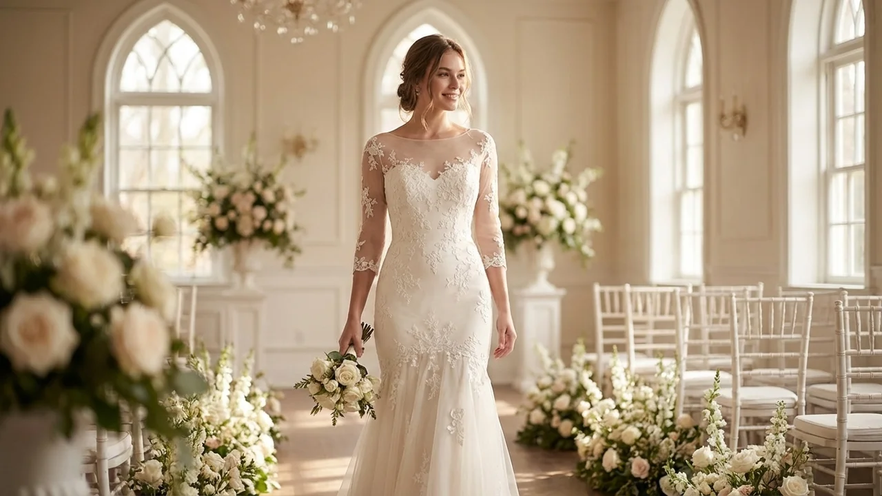 Romantic Applique Fit and Flare Wedding Dress with Sleeves - 5