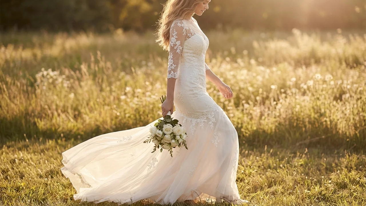 Romantic Applique Fit and Flare Wedding Dress with Sleeves - 6