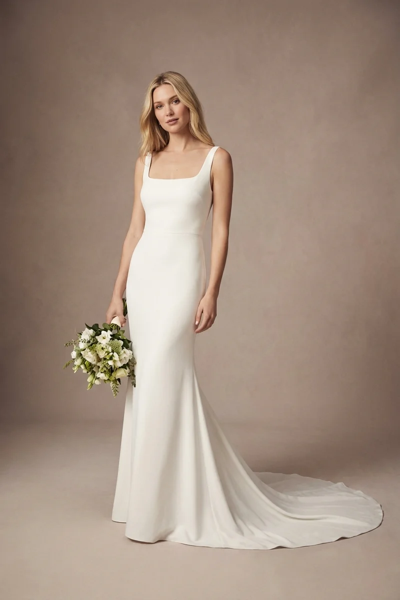 Modern Crepe Fit and Flare Wedding Dress with Square Neck - 1