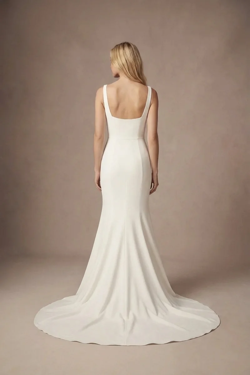 Modern Crepe Fit and Flare Wedding Dress with Square Neck - 2