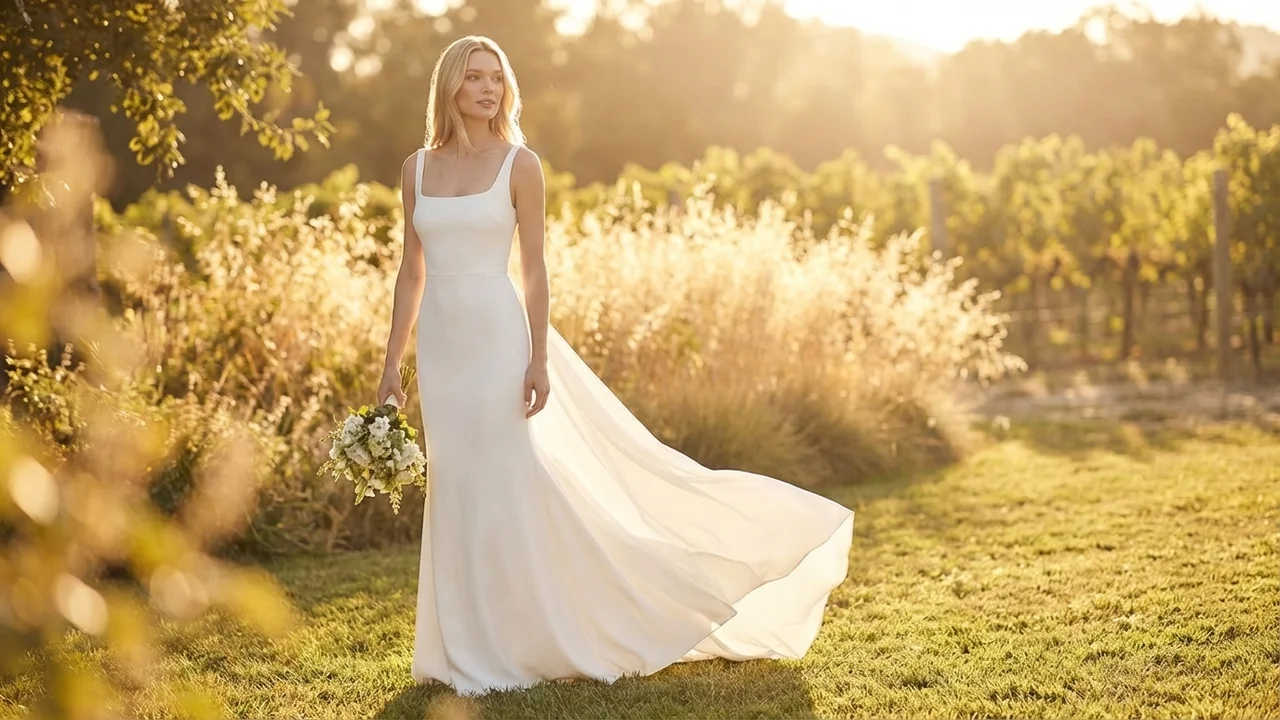 Modern Crepe Fit and Flare Wedding Dress with Square Neck - 6