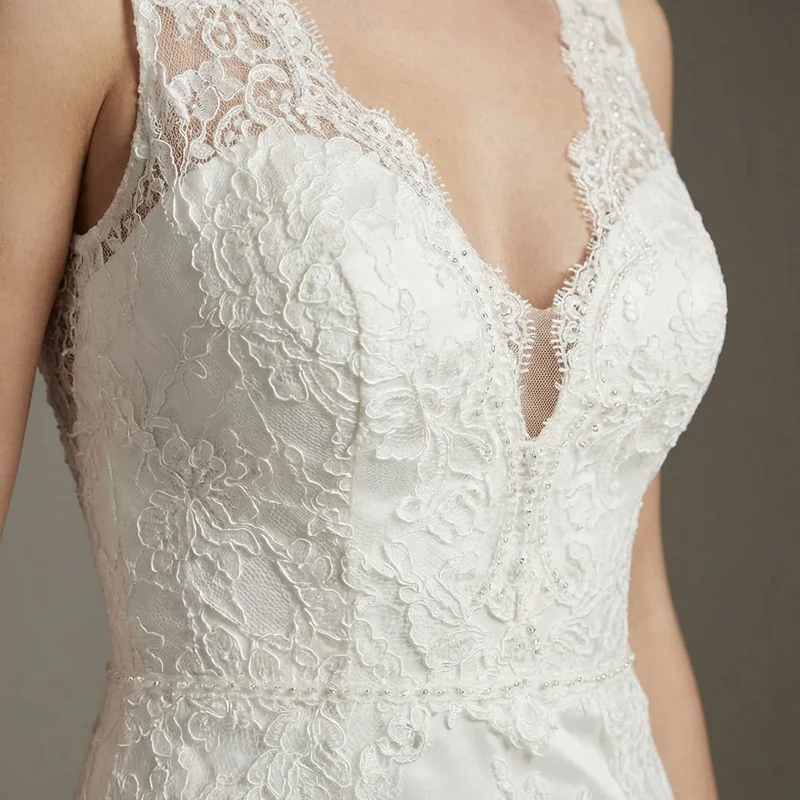 Fit and Flare Lace Wedding Dress with V-Neckline - 3