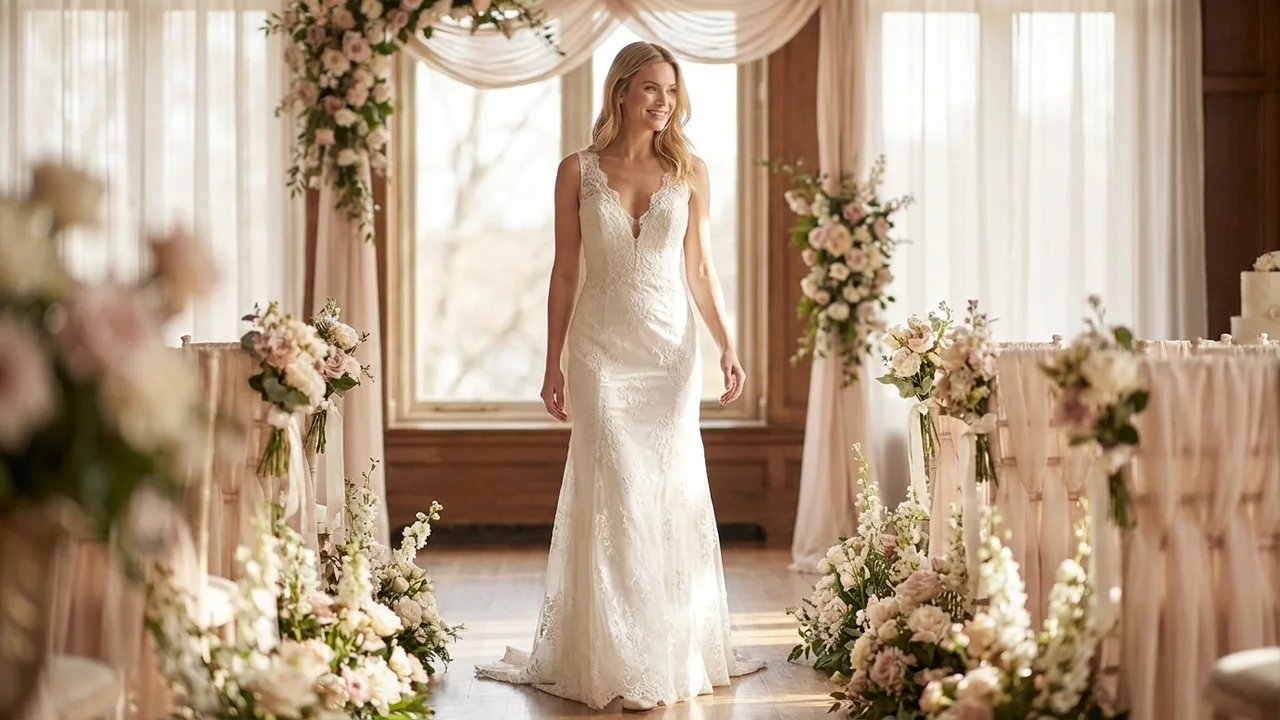 Fit and Flare Lace Wedding Dress with V-Neckline - 5