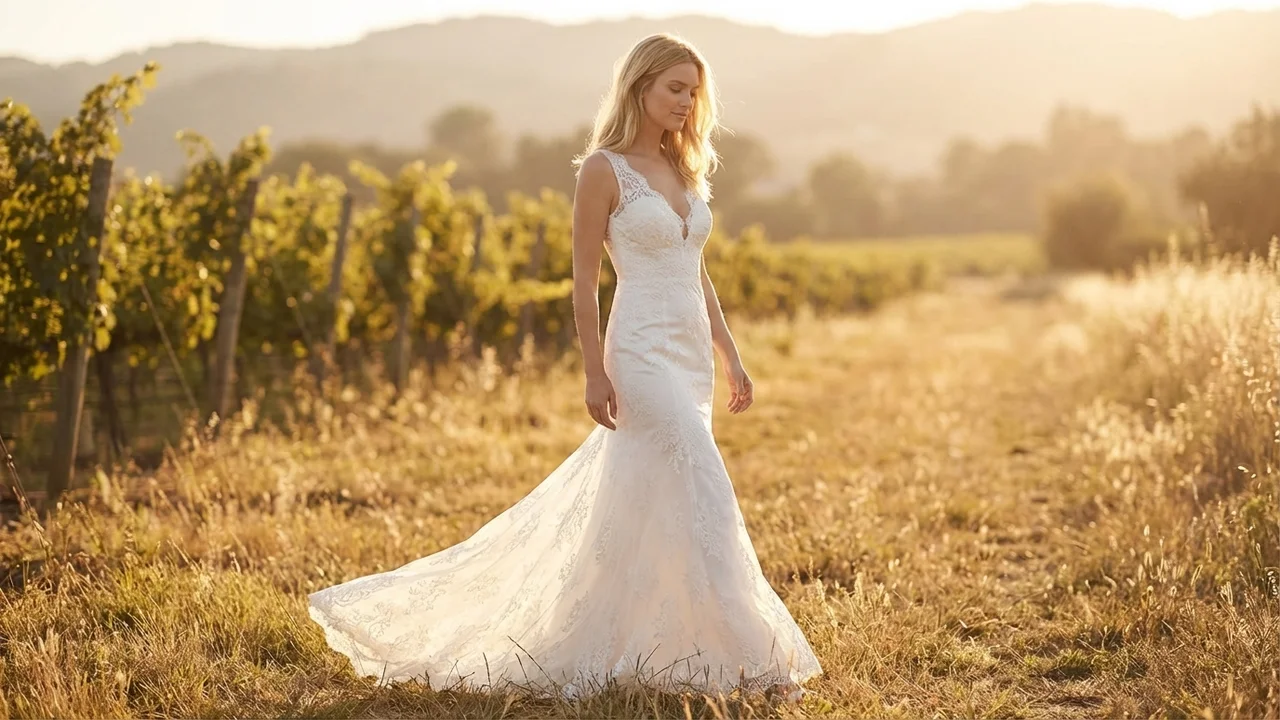 Fit and Flare Lace Wedding Dress with V-Neckline - 6