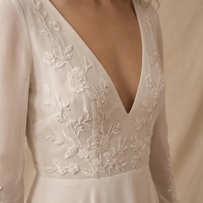 Floral Embroidered Boho Wedding Dress - 3