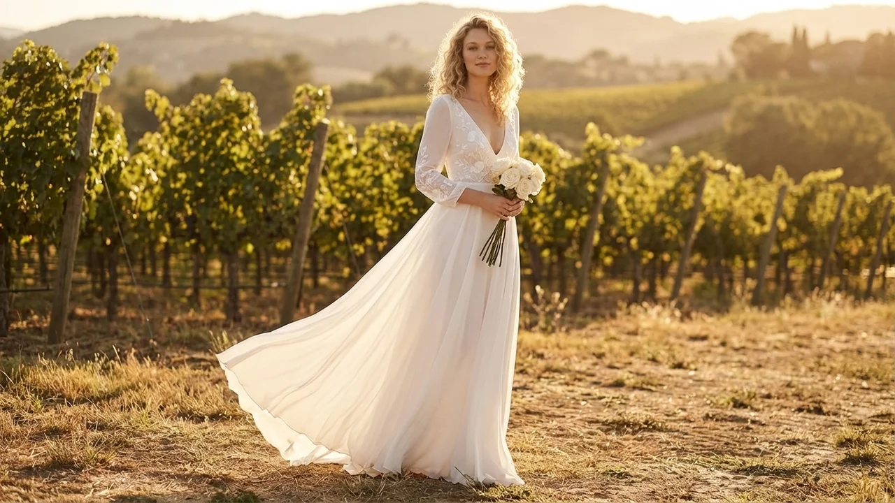 Floral Embroidered Boho Wedding Dress - 6