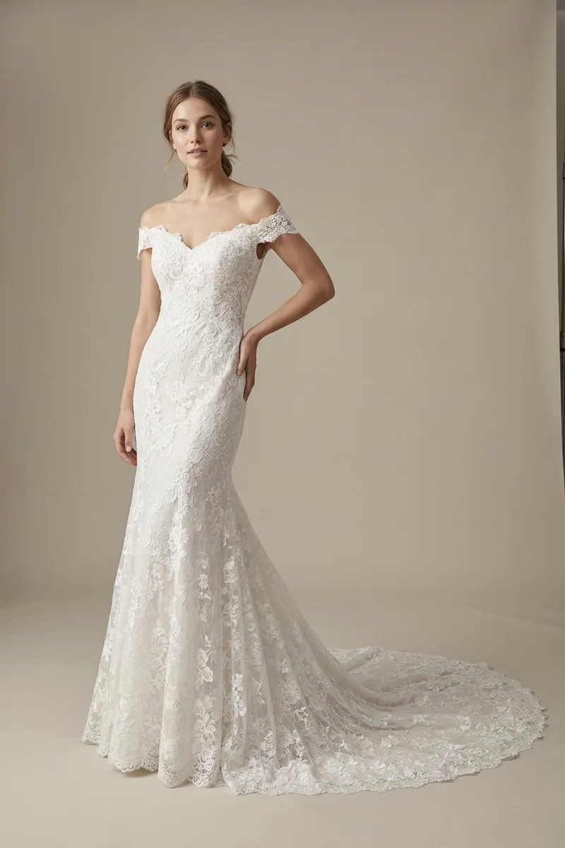 Floral Lace Fit and Flare Wedding Dress - 1