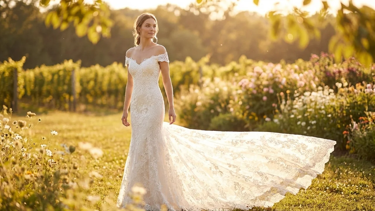 Floral Lace Fit and Flare Wedding Dress - 6