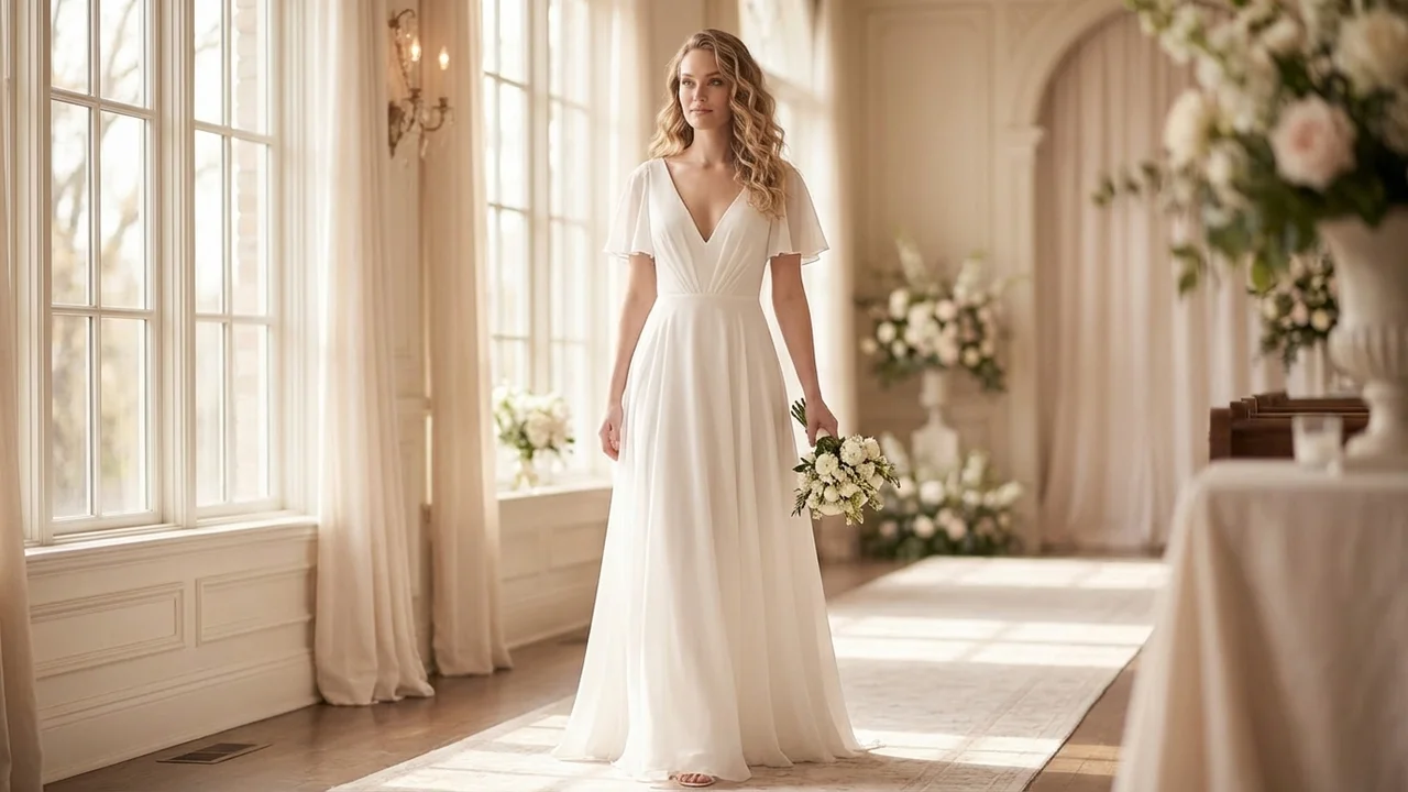 Flutter Sleeve Chiffon Wedding Dress - 5