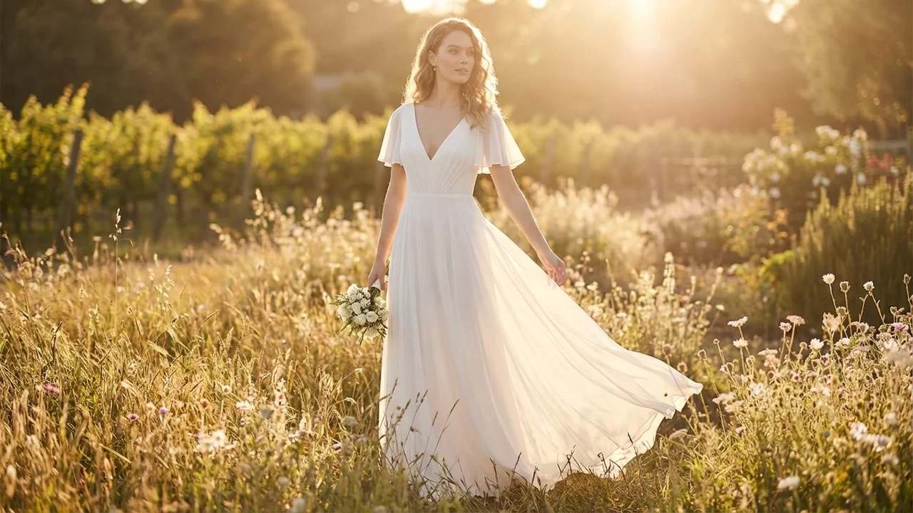 Flutter Sleeve Chiffon Wedding Dress - 6