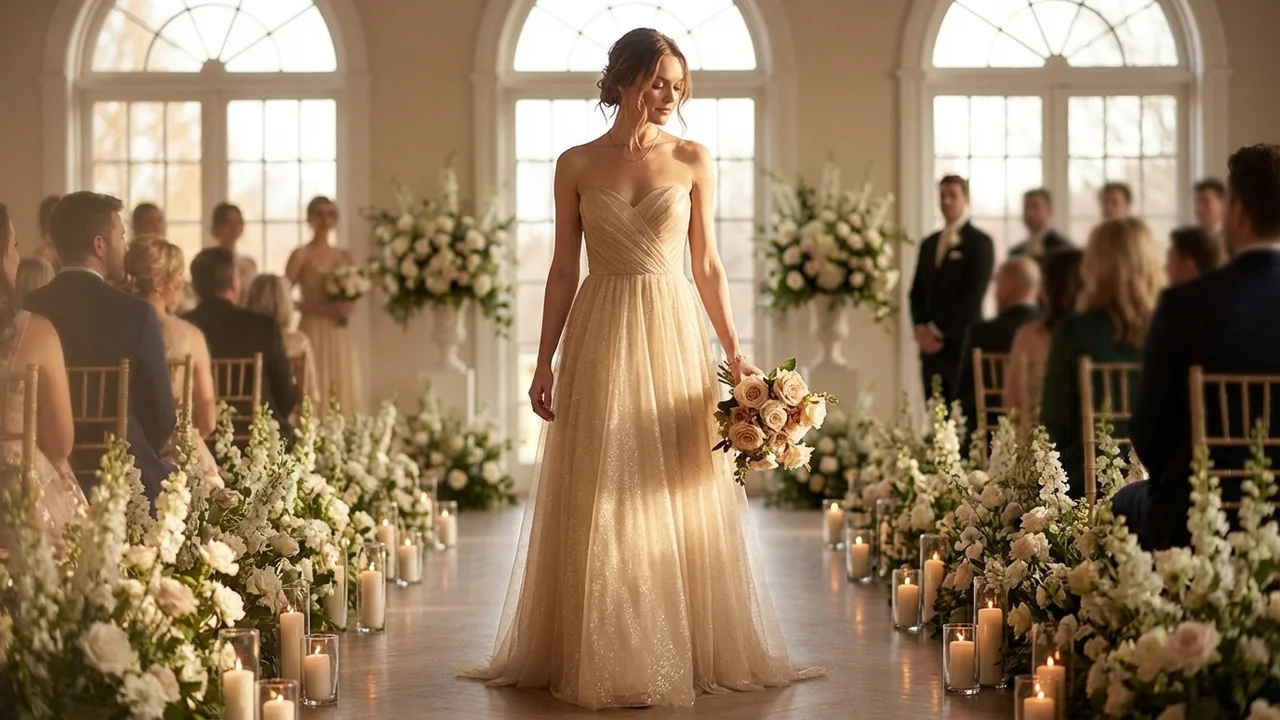 Aurelia Gold Shimmer A-Line Wedding Dress - 5