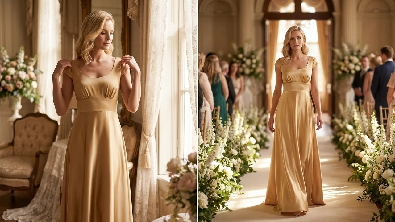 Seraphina Gold Satin Empire Waist Wedding Dress - 5