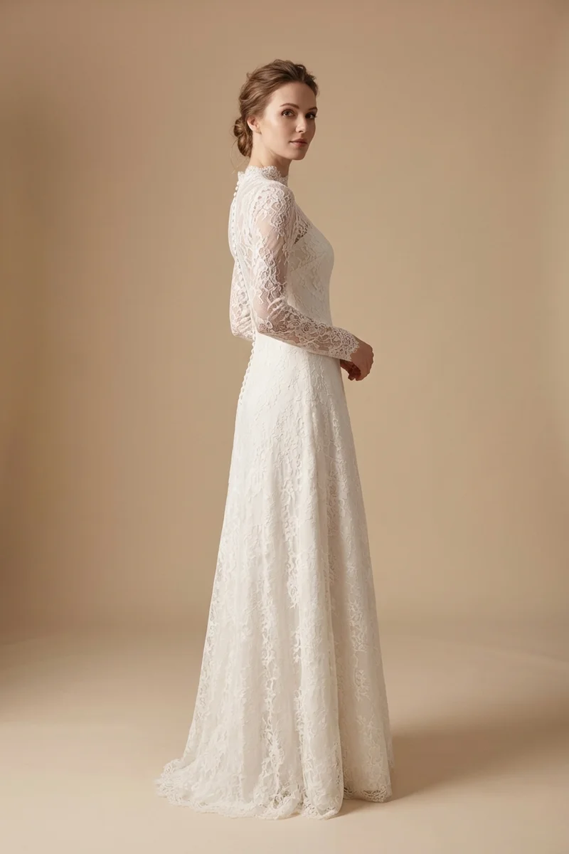 Valentina High Neck Lace Modest Wedding Dress - 1
