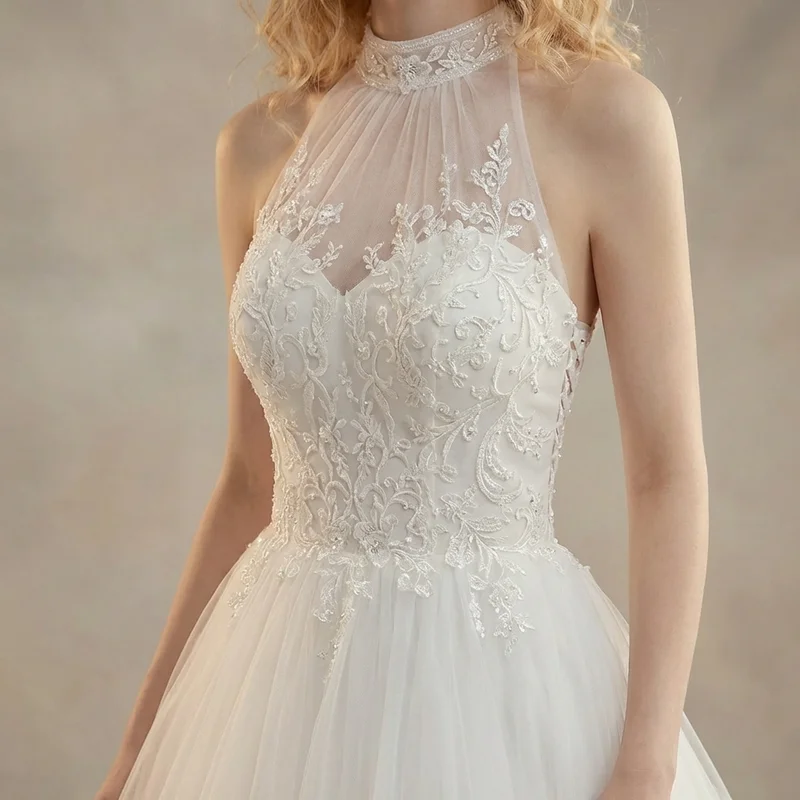 Arabella High Neck Tulle Beaded Wedding Dress - 3