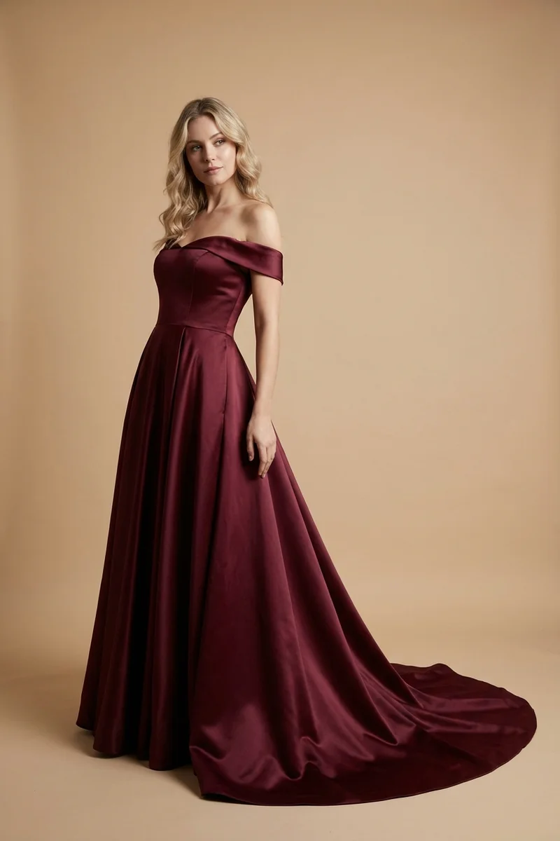 Ember Burgundy Off-Shoulder Wedding Dress - 1