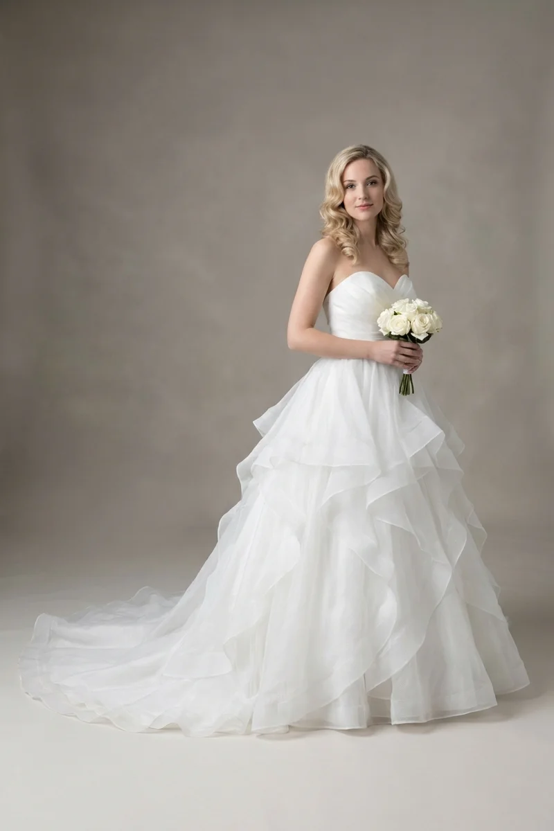 Pearl Organza Ball Gown Wedding Dress with Ruffle Skirt - 1