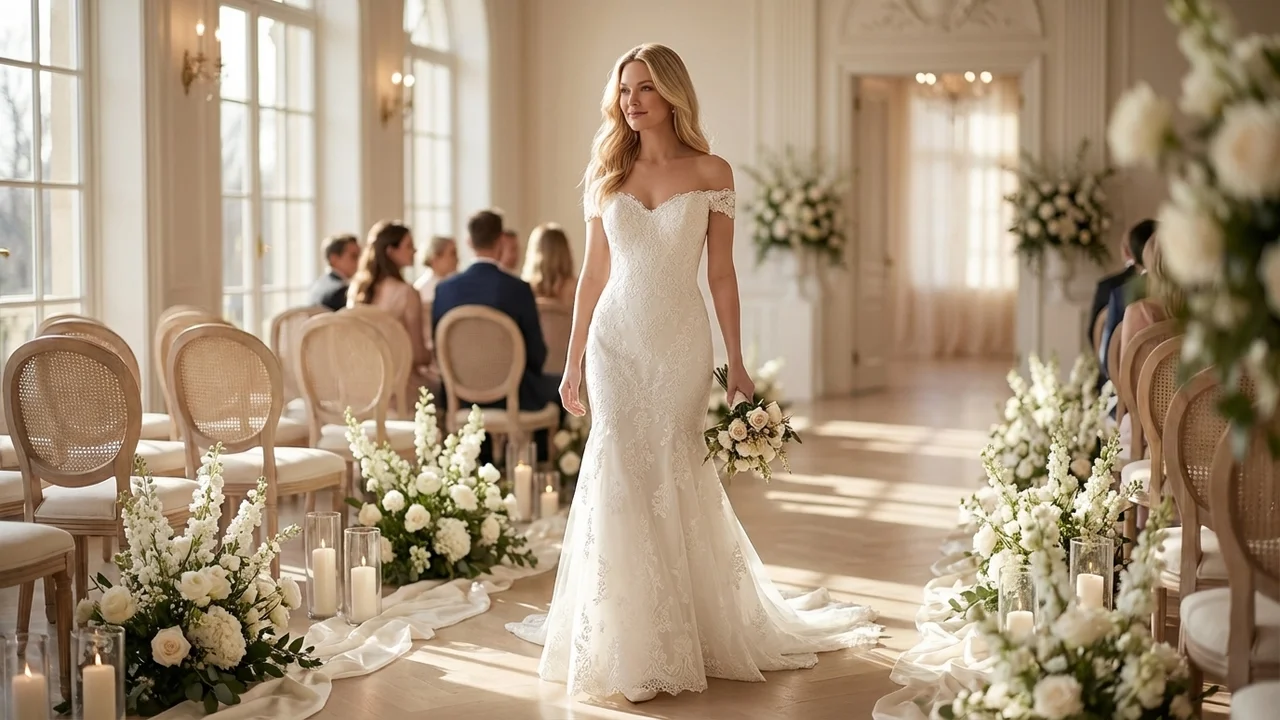 Off The Shoulder Lace Mermaid Wedding Dress - 5