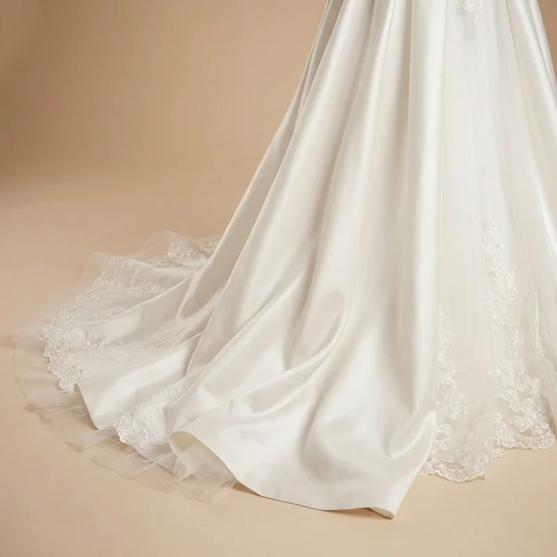 Off The Shoulder Satin A-Line Wedding Dress with Bow - 4