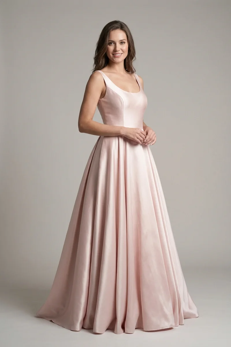 Pink Satin Fit and Flare Wedding Dress - 1
