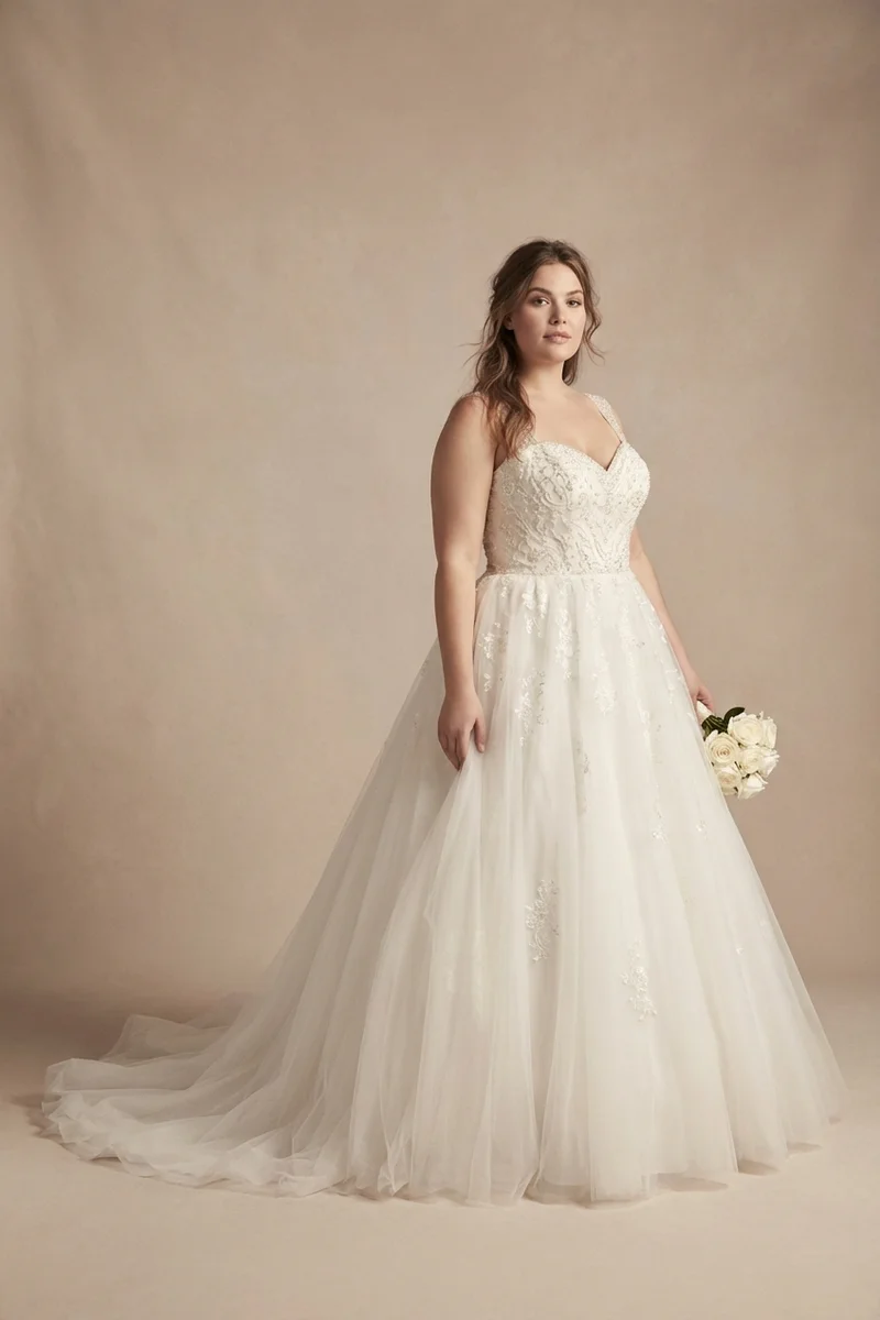 Princess Tulle Plus Size Wedding Dress with Beaded Bodice - 1
