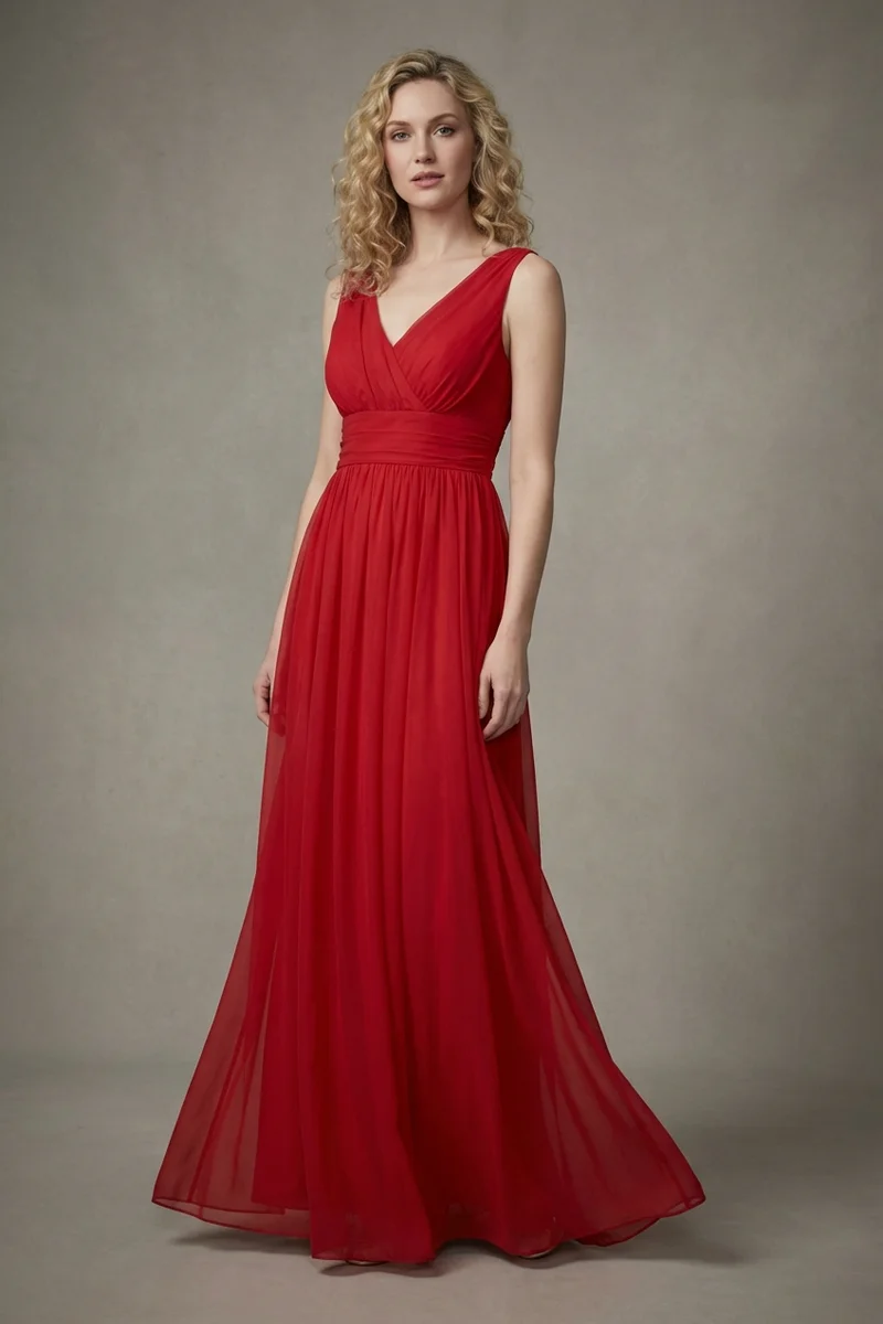 Red Chiffon Empire Waist Wedding Dress - 1