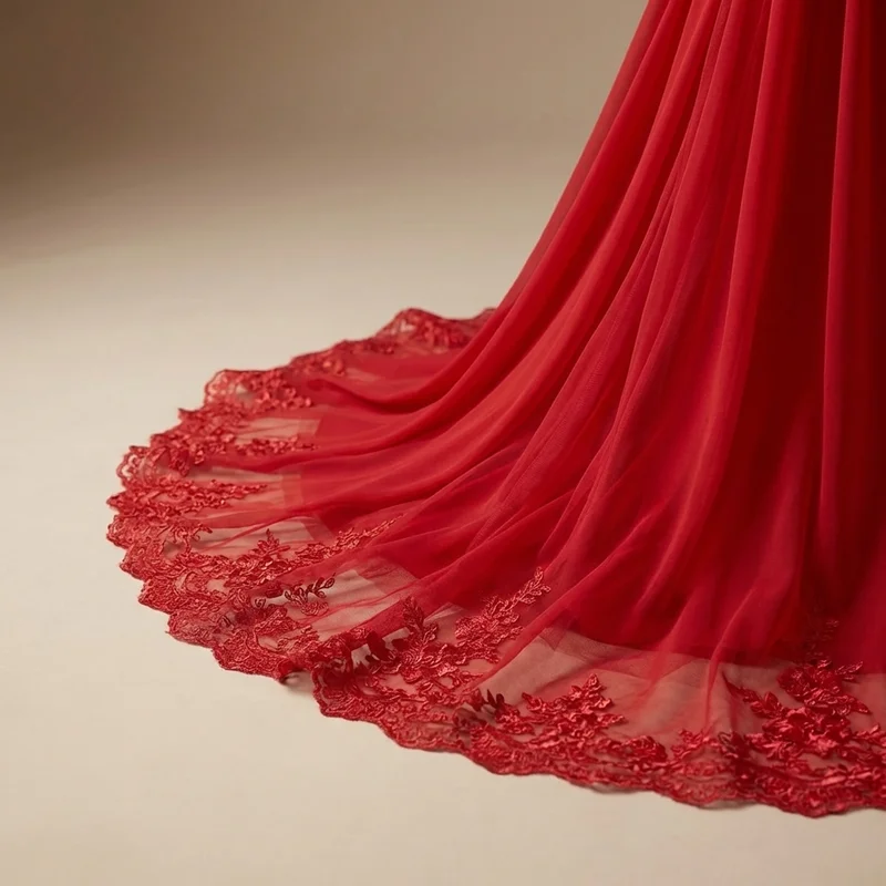 Red Chiffon Empire Waist Wedding Dress - 4
