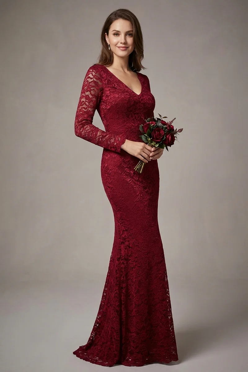 Red Lace Mermaid Wedding Dress - 1